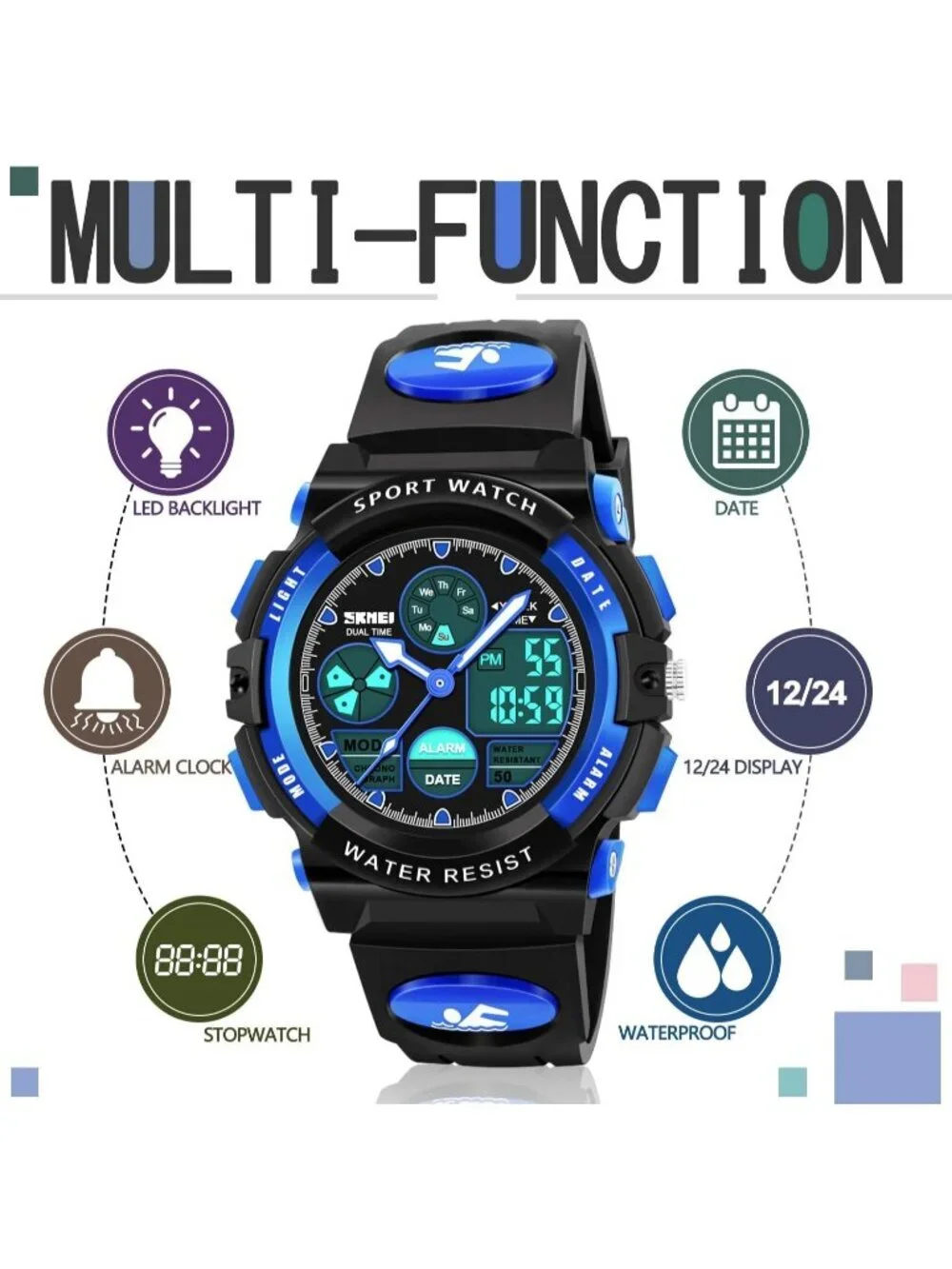 Kid's Black Blue Analog Quartz Multi Function Waterproof Round LED Digital Watch
